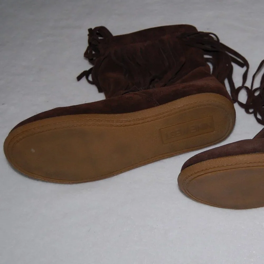 Nine West Genuine Leather Suede Fringe Boots, US 8M, Fur Lined, Chocolate Brown